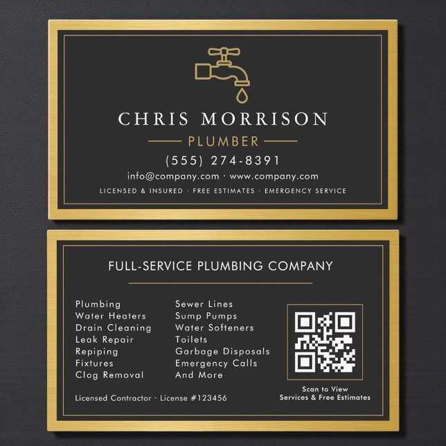 Carte De Visite Entrepreneur en plomberie Code QR métallique moder (Créateur téléchargé)