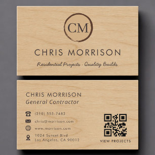 Carte De Visite Entrepreneur Général Code QR Bois Professionnel