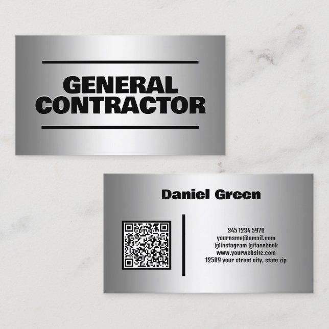 Carte De Visite Entrepreneur général Silver QR (Devant / Derrière)