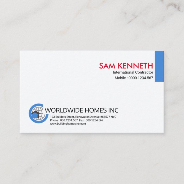 Carte De Visite Entrepreneur international global bleu simple (Devant)