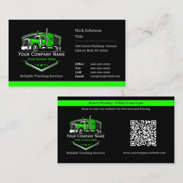 Carte De Visite Entreprise de camionnage professionnel Code QR (Devant / Derrière)