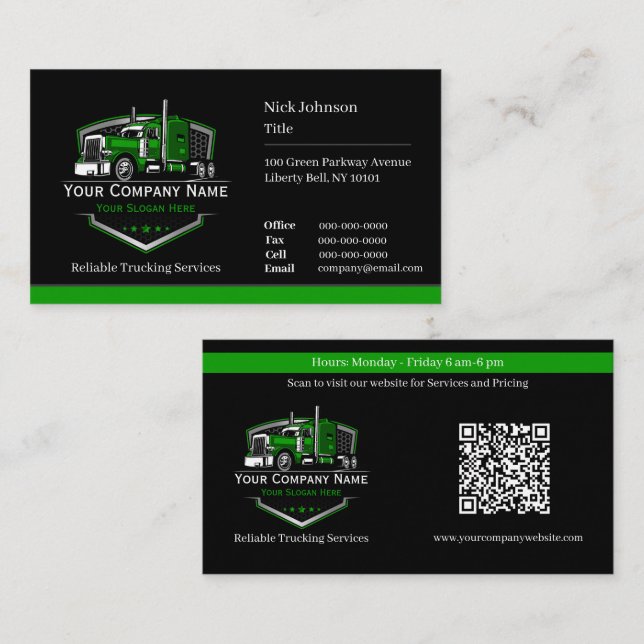 Carte De Visite Entreprise de camionnage professionnel Code QR (Devant / Derrière)