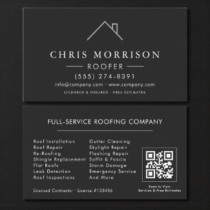 Carte De Visite Entreprise de Toiture Code QR Noir Argent Toiturie