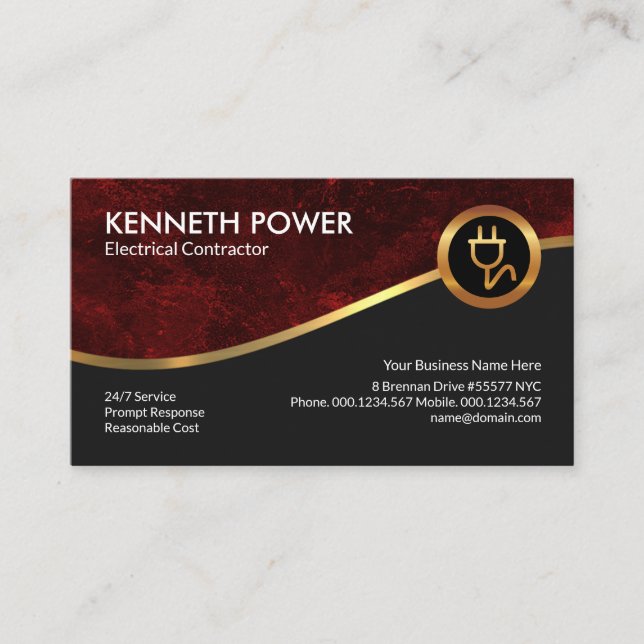 Carte De Visite Entreprise d'électricité Red Grunge Royal Gold Wav (Devant)
