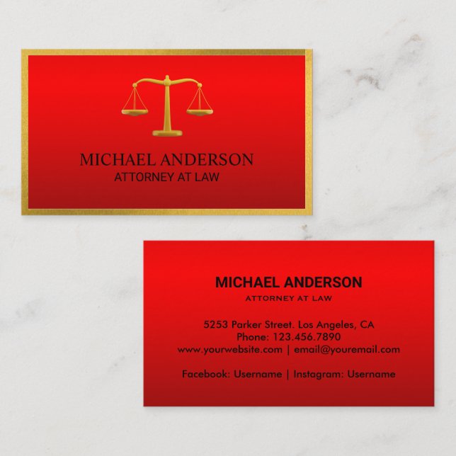 Carte De Visite Escales de justice de luxe Red Lawyer Gold effet (Devant / Derrière)