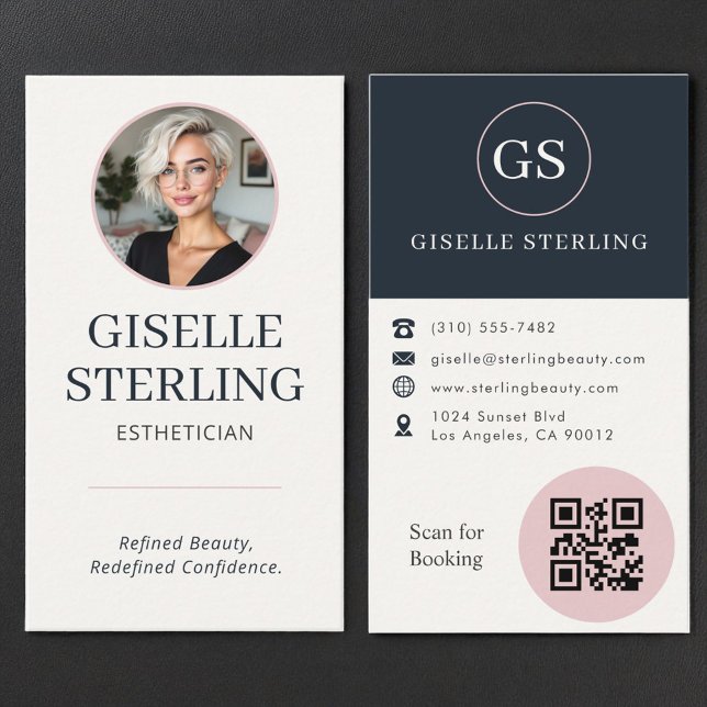 Carte De Visite Esthetician Blush Pink & Navy Blue Photo QR Code  (Créateur téléchargé)