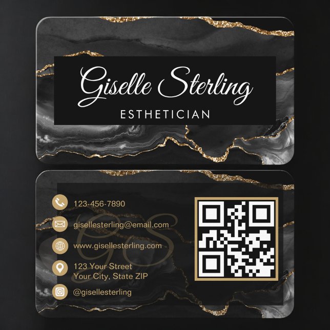 Carte De Visite Esthetician QR Code Black Gold Agate Luxury  (Créateur téléchargé)