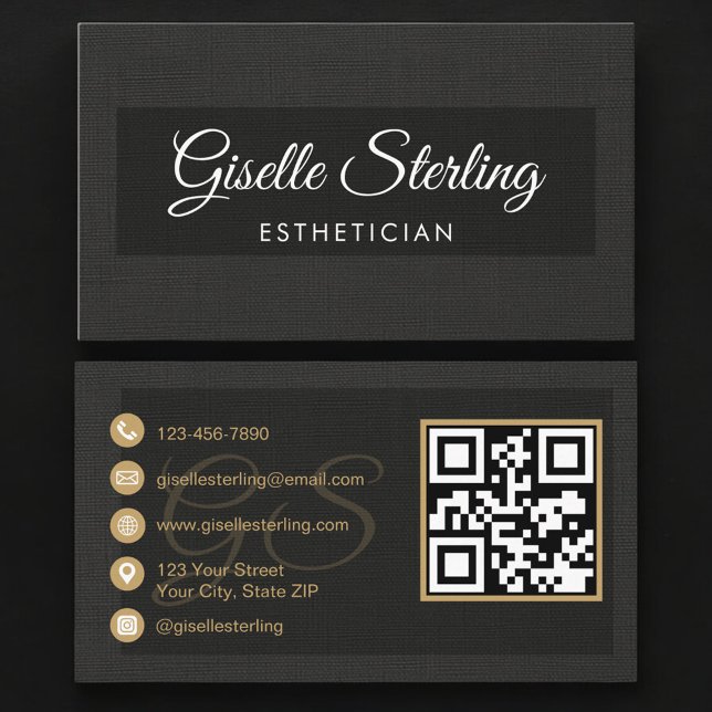 Carte De Visite Esthetician QR Code Black Linen Luxury  (Créateur téléchargé)