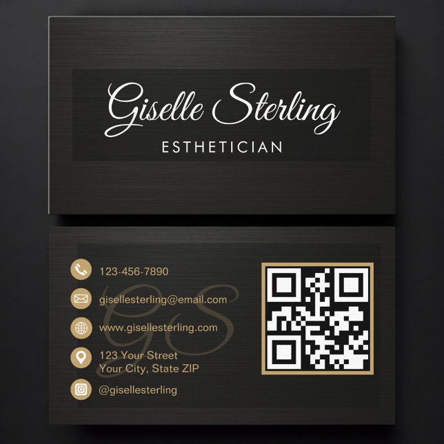 Carte De Visite Esthetician QR Code Black Metallic Luxury  (Créateur téléchargé)