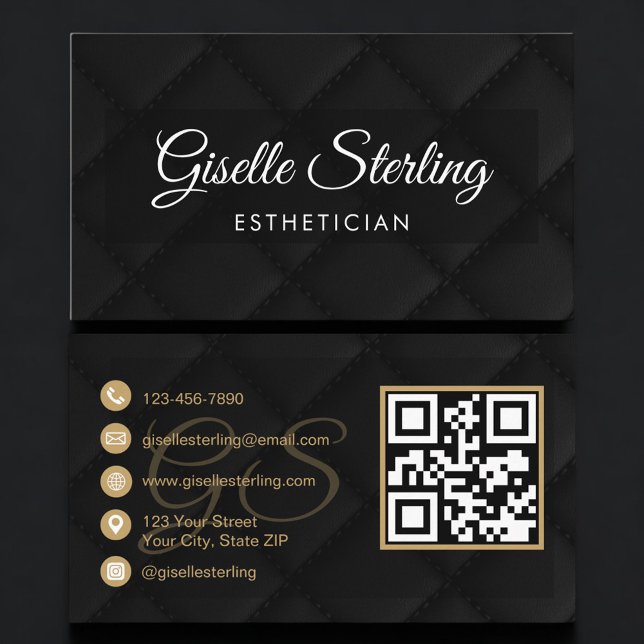 Carte De Visite Esthetician QR Code Black Quilted Leather Luxury  (Créateur téléchargé)