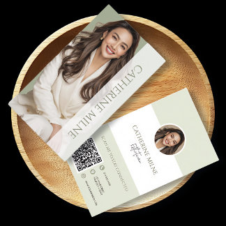 Carte De Visite Esthéticien Beautician vert QR Code et photo