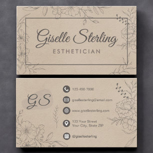 Carte De Visite Esthéticienne Beige Suède Ligne Florale Art Script