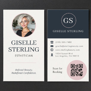 Carte De Visite Esthéticienne Code QR Photo Rose Poudré & Bleu Nui