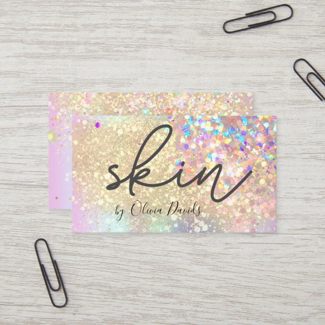 Carte De Visite Esthétique Holo Gold Parties scintillant Skincare  (Devant/Arrière en situation)