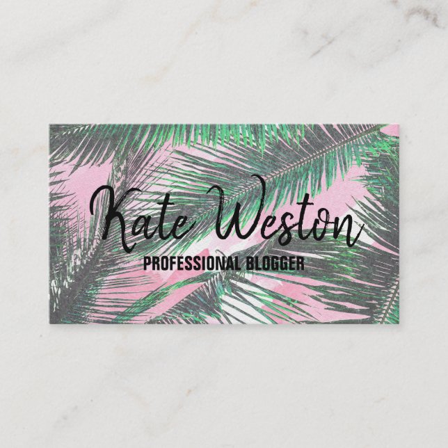 Carte De Visite Eté Palm Feuille Aquarelle rose brosse (Devant)