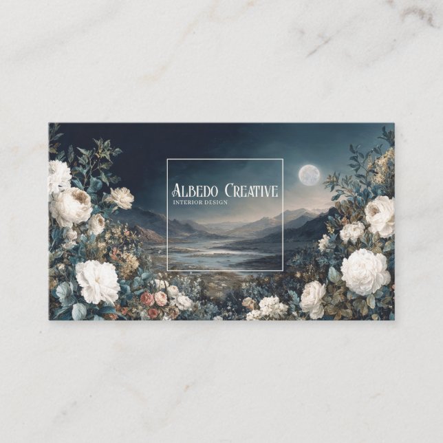 Carte De Visite Ethereal White Rose Floral and Full Moon Night  (Devant)
