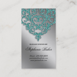 Carte De Visite Étincelle Teal d'argent de damassé de bijoux de