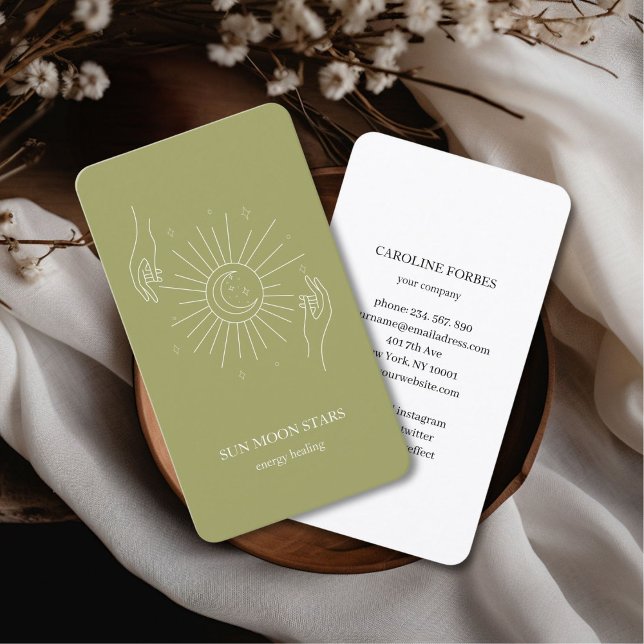 Carte de visite étoile lunaire minimaliste (Minimalistic sun moon star Business card, olive-green.)