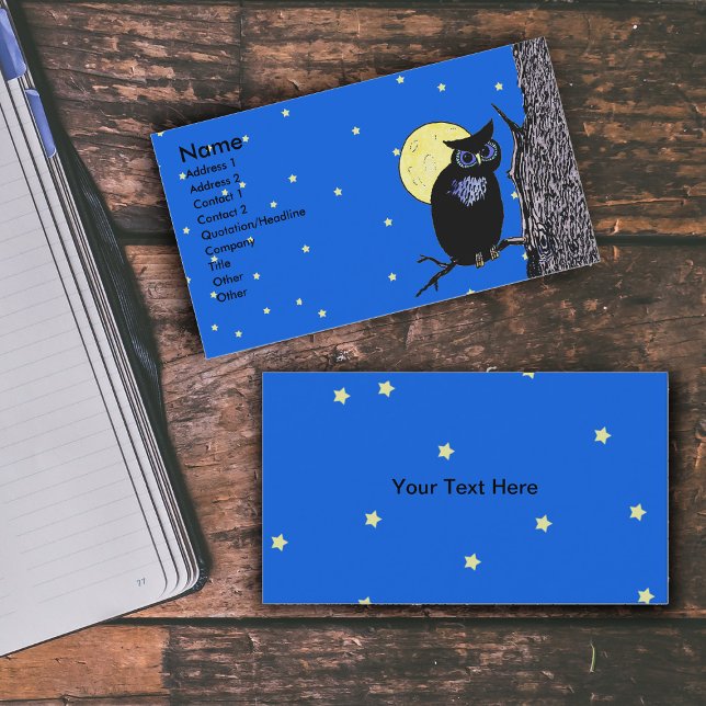 Carte De Visite Étoiles de lune de hibou noir (Black owl in tree yellow full moon stars in blue night sky on business cards.)