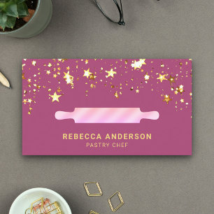 Carte De Visite Étoiles dorées Rouleau à pâtisserie rose Pâtissier
