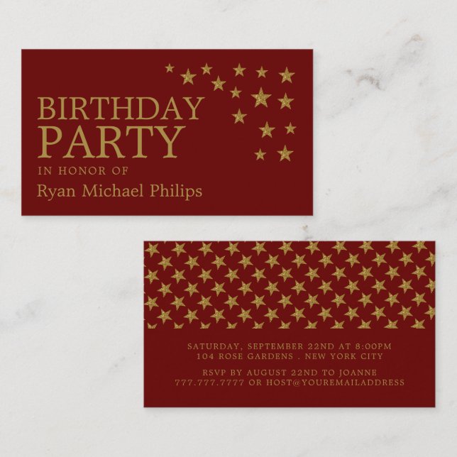 Carte De Visite Étoiles Pailletées Or, Billet de Fête d'Anniversai (Devant / Derrière)