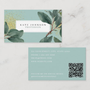 Carte De Visite Eucalyptus Green & Gold QR Code