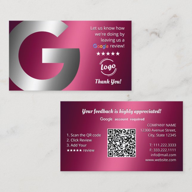 Carte De Visite Évaluations et évaluations Google (Devant / Derrière)