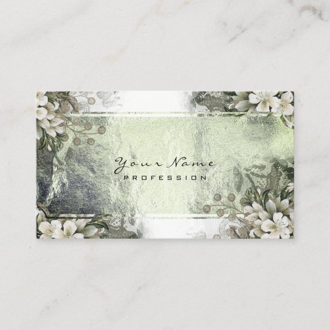 Carte De Visite Événement Floral Mint Green Gold White Gold Metall (Devant)