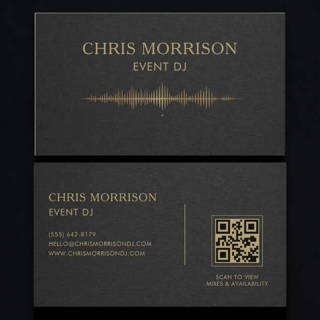 Carte De Visite Event DJ Music Black Gold QR Code Professional (Créateur téléchargé)