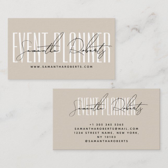 Carte De Visite Event planner modern typography script beige (Devant / Derrière)