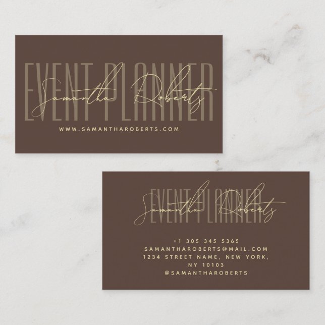 Carte De Visite Event planner modern typography script brown (Devant / Derrière)