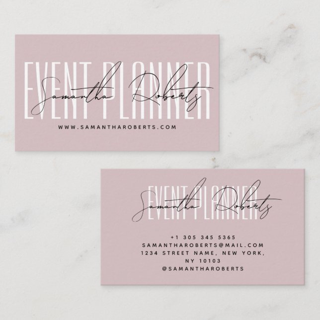 Carte De Visite Event planner modern typography script dusty pink (Devant / Derrière)