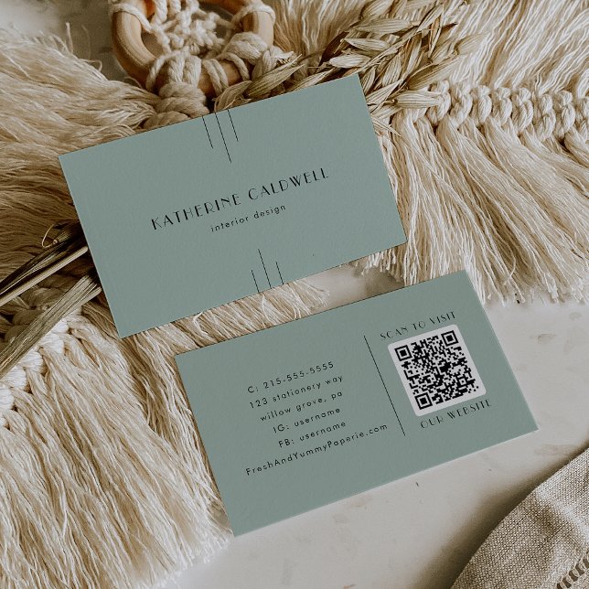 Carte De Visite EVERLY Modern Classic Art Deco Sage Green QR Code (EVERLY Modern Classic Art Deco Sage Green QR Code Business Card)