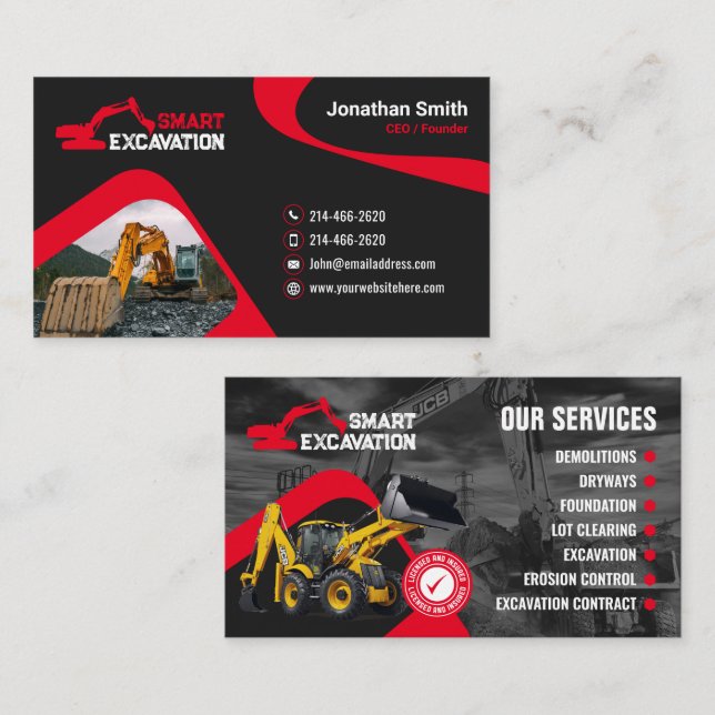 Carte De Visite Excavation, Défrichage, Construction, Démolition (Devant / Derrière)