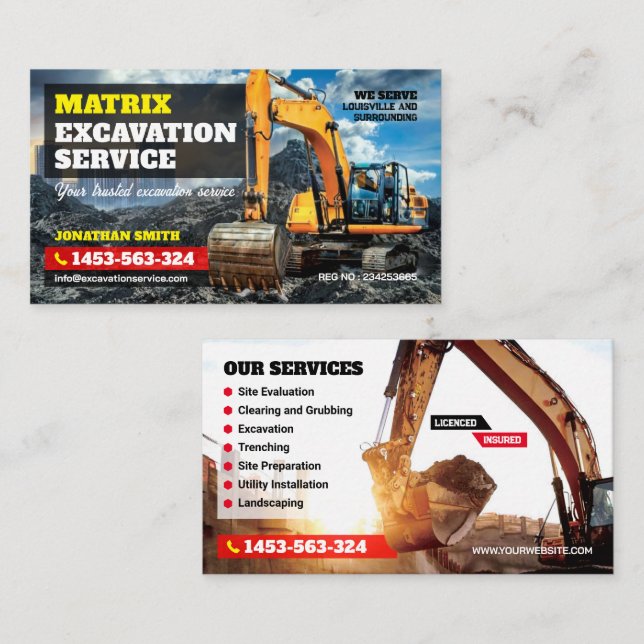 Carte De Visite Excavation, Défrichage, Construction, Excavateur (Devant / Derrière)