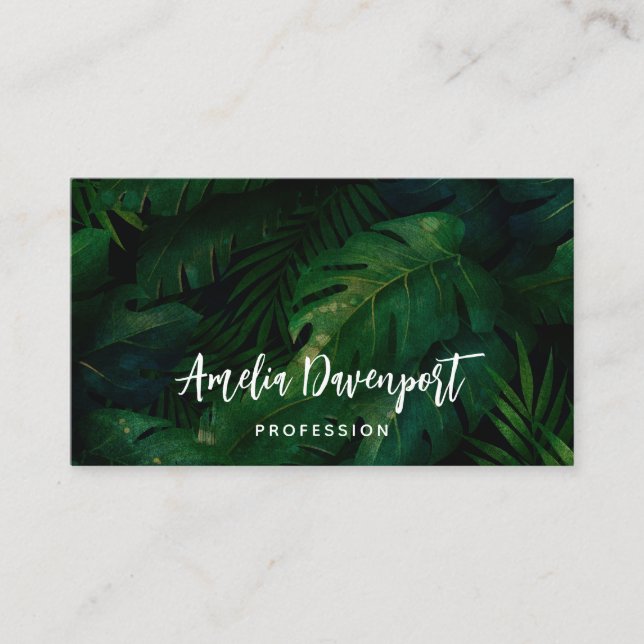 Carte De Visite Exotique Vert foncé Feuilles tropicaux (Devant)