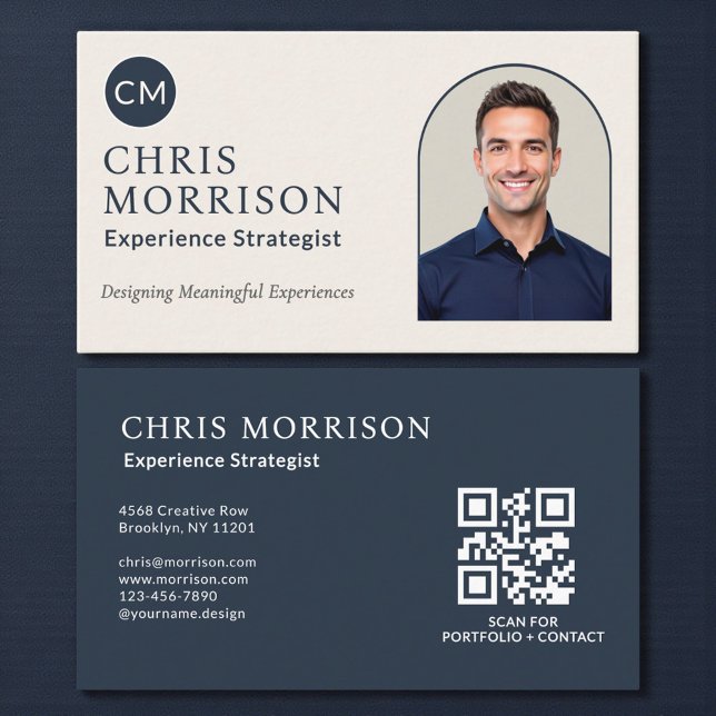 Carte De Visite Experience Strategist Photo QR Code Navy Blue (Créateur téléchargé)