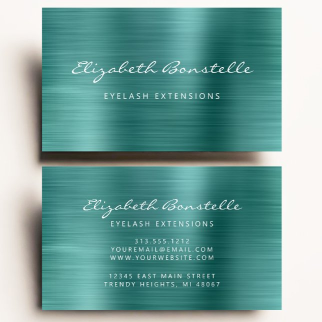 Carte De Visite Extension turquoise verte brossée en métal Script  (Créateur téléchargé)