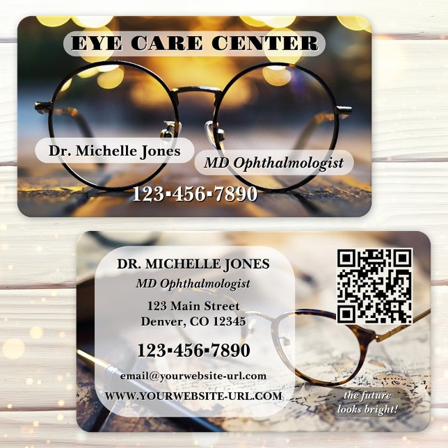 Carte De Visite Eye Catching Ophthalmologist or Optometrist  (Ophthalmologist or optometrist business card  featuring imagery of glasses and sparkling lights)