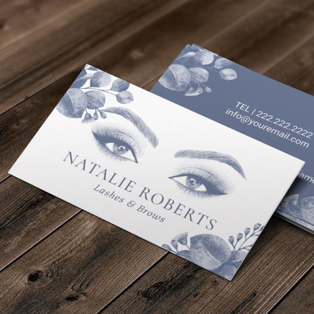 Carte De Visite Eyelash Extensions Elegant Bleu Botanique Salon (Créateur téléchargé)