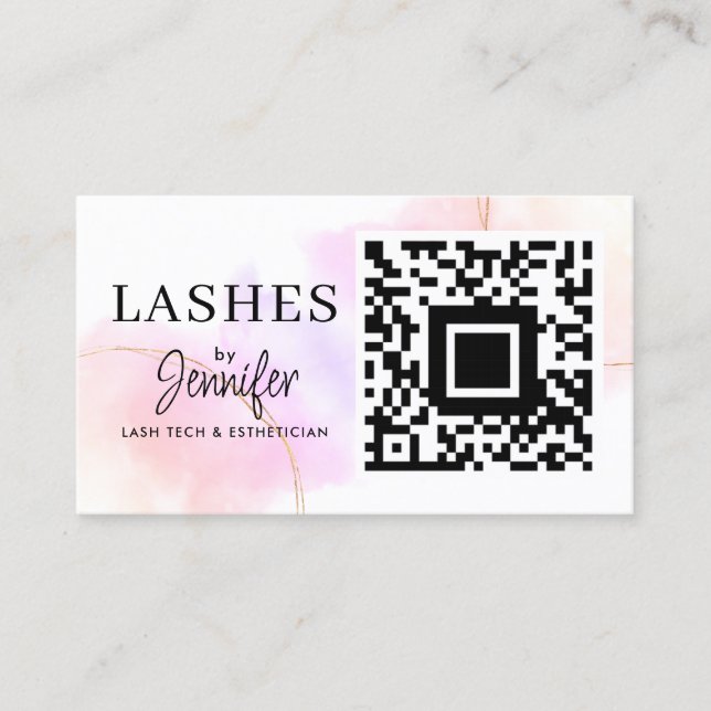 Carte De Visite Eyelash Extensions QR Code Aquarelle Rose Or (Devant)