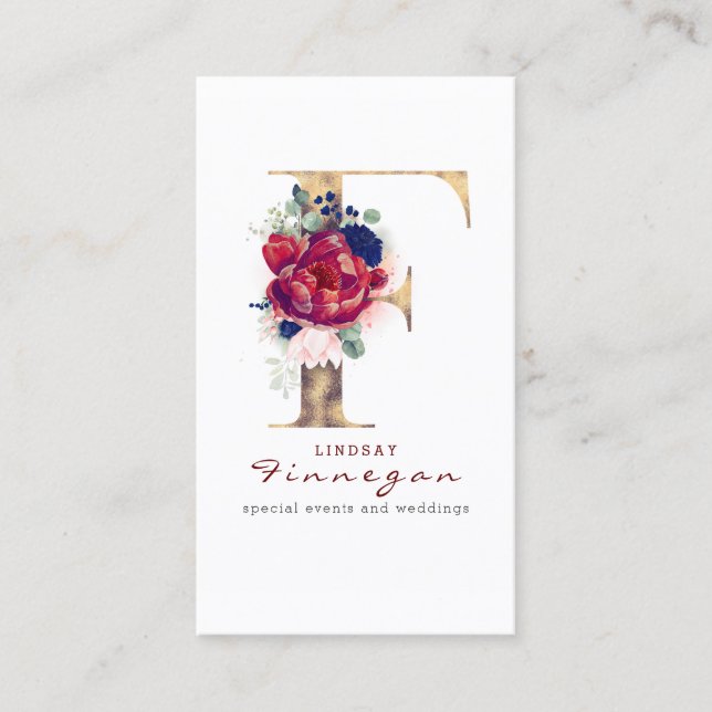 Carte De Visite F Monogram Burgundy Gold et Navy Blue Floral (Devant)