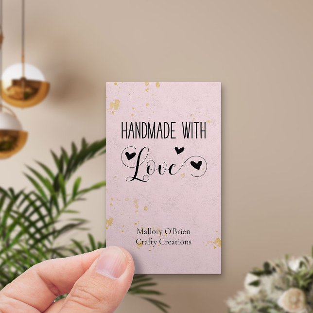 Carte De Visite Fabriqué à la main avec Love Heart Calligraphy Pin (Vertical business card - Handmade with Love on pink with cute hearts)