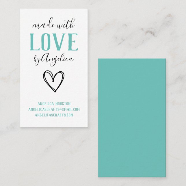 Carte De Visite Fabriqué avec l'amour Script Coeur Turquoise (Devant / Derrière)