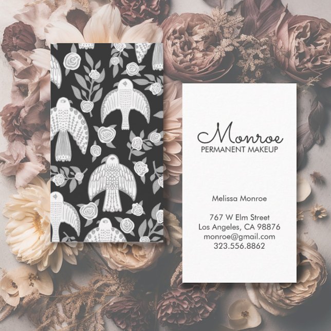 Carte De Visite Falcons & Roses élégants Illustré noir blanc (Falcon and roses hand-drawn pattern adorns this custom business card. More colors in my shop!)