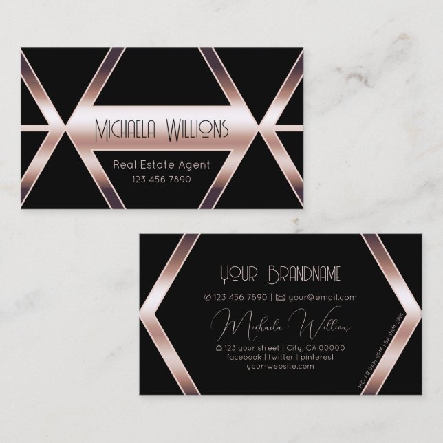 Carte De Visite Fancy Black Geometry Shimmery Rose Gold Classy (Devant / Derrière)