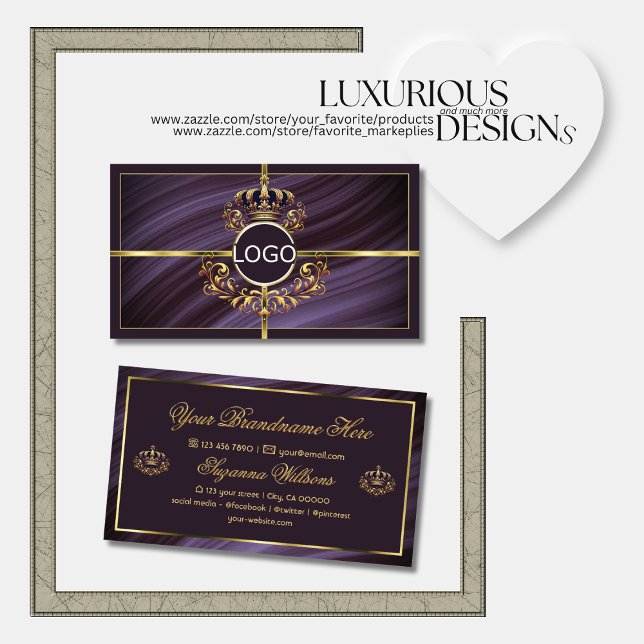 Carte De Visite Fancy Royal Purple Gold Couronne avec logo somptue (Créateur téléchargé)