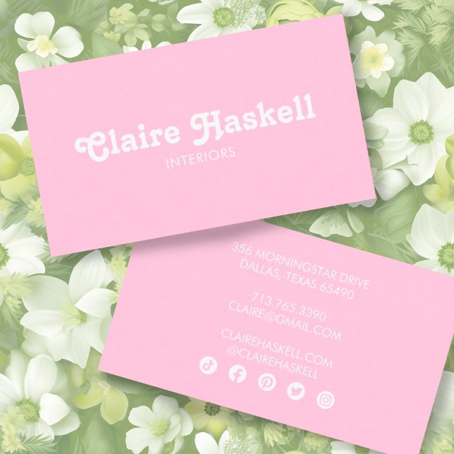 Carte De Visite Fancy Script Blush Chic Minimal médias sociaux icô (Simple pale pink business cards with custom fonts and social media icons. Change the colors, font)