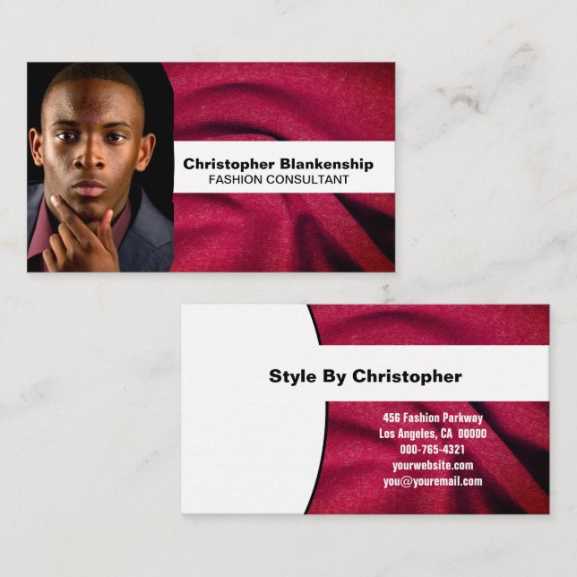 Carte De Visite Fashion Consultant Burgundy Fabric Photo personnal (Devant / Derrière)