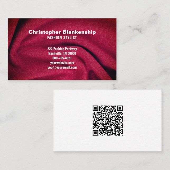 Carte De Visite Fashion Designer Burgundy Fabric QR Code personnal (Devant / Derrière)